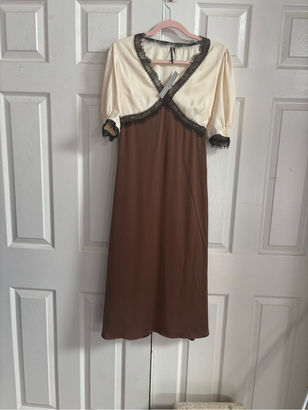 Anthropologie Cream and Black Lace Trim Slip Dress XS NWT